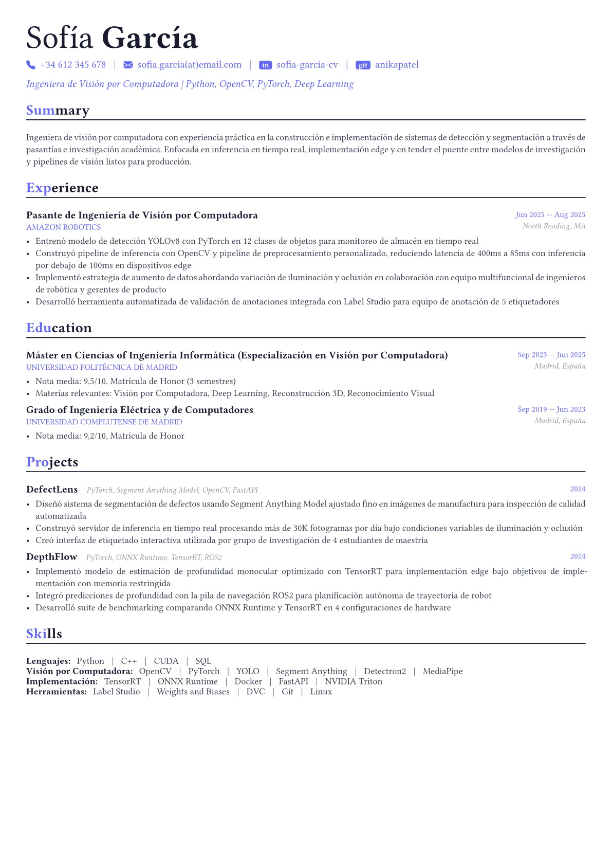 Computer Vision Engineer ejemplo de CV