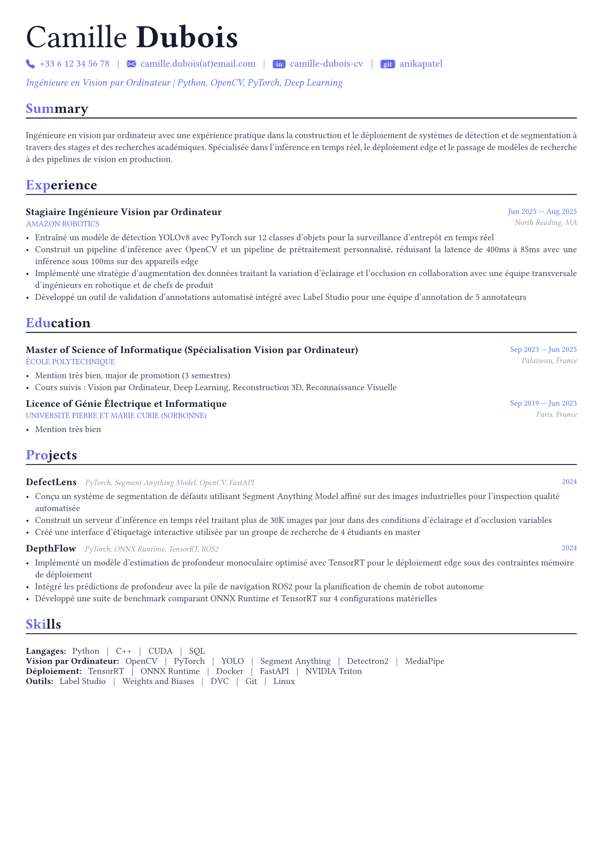 Computer Vision Engineer exemple de CV