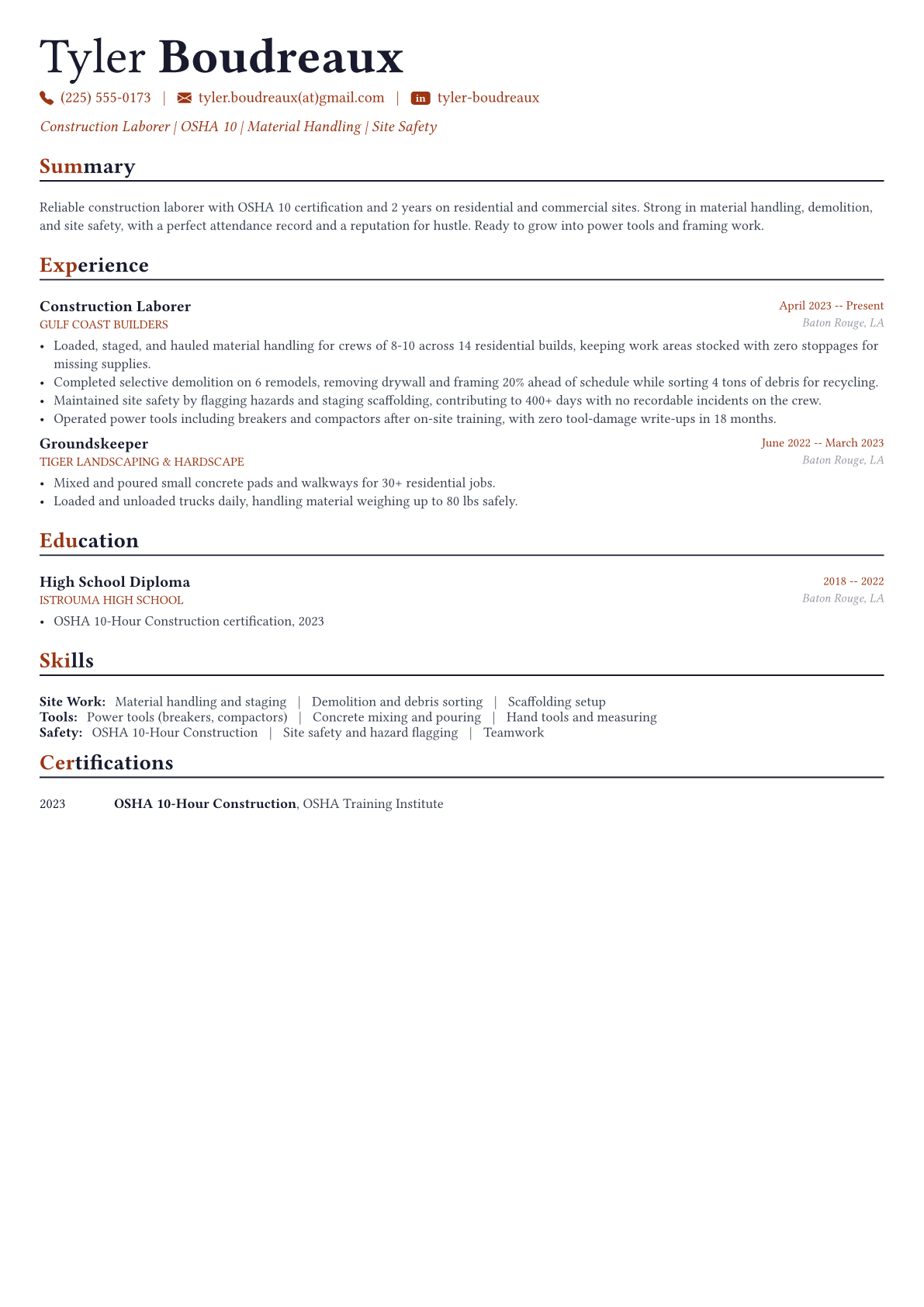 Construction Worker resume example