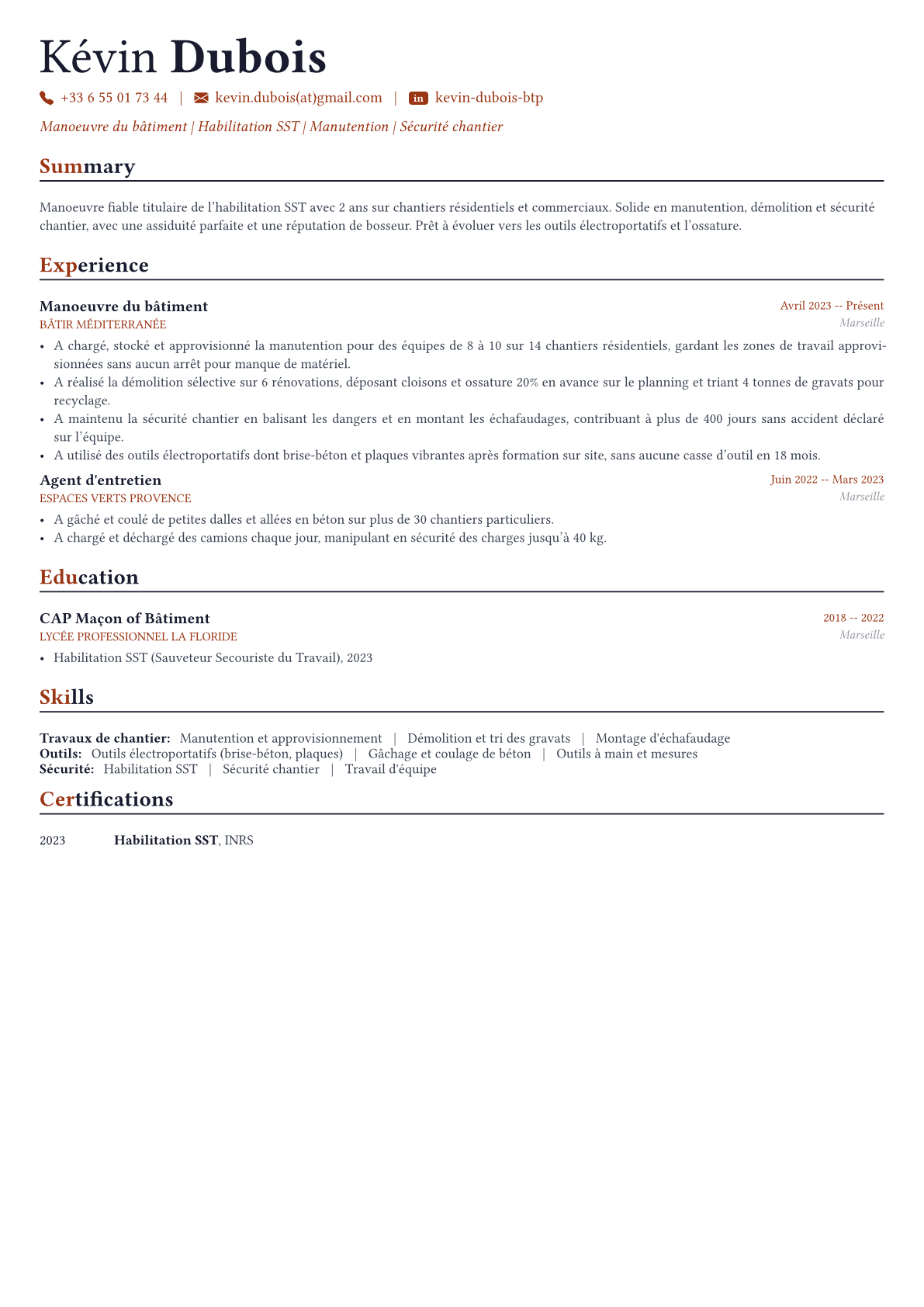 Ouvrier du bâtiment exemple de CV