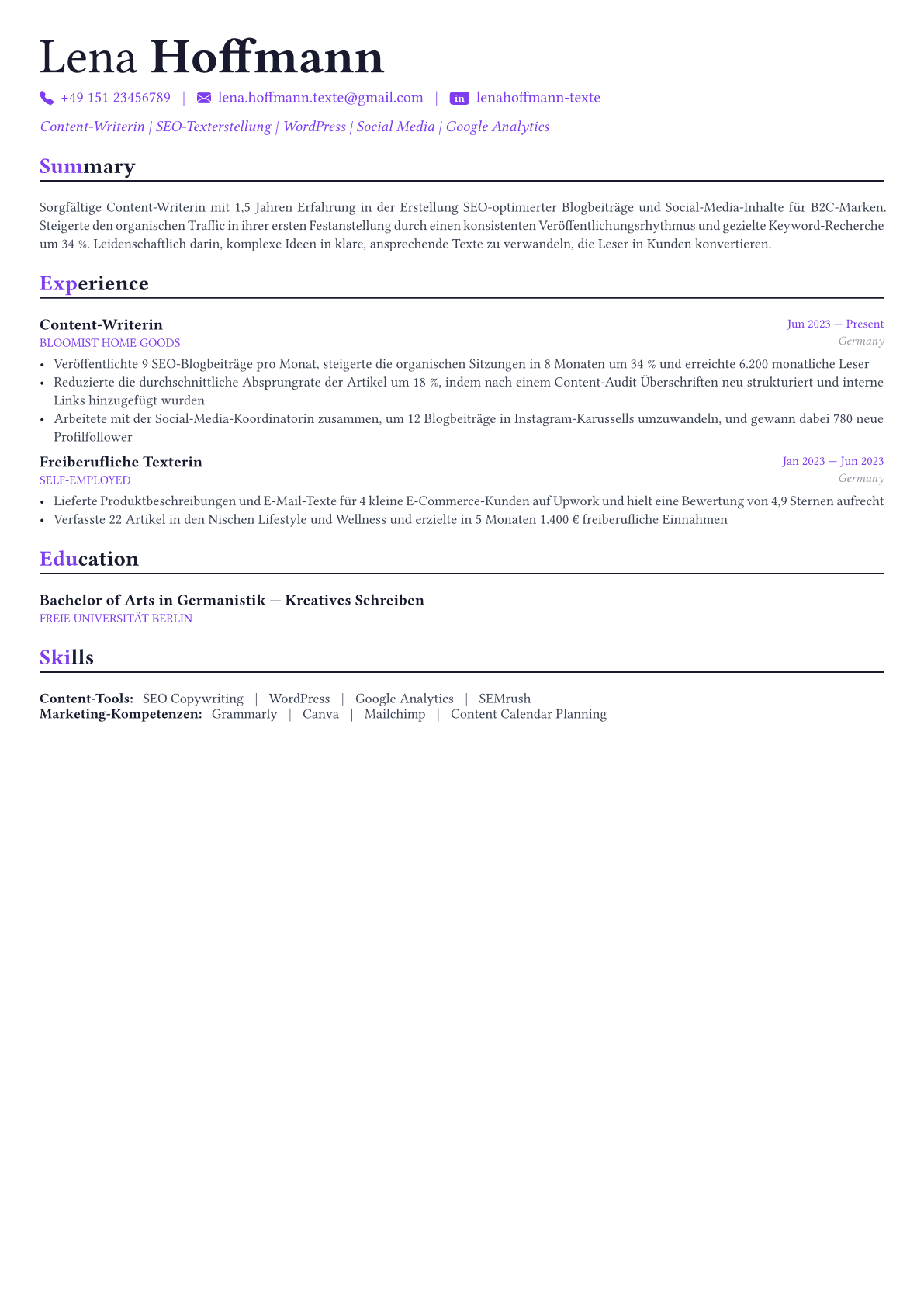 Content Manager Lebenslauf-Beispiel