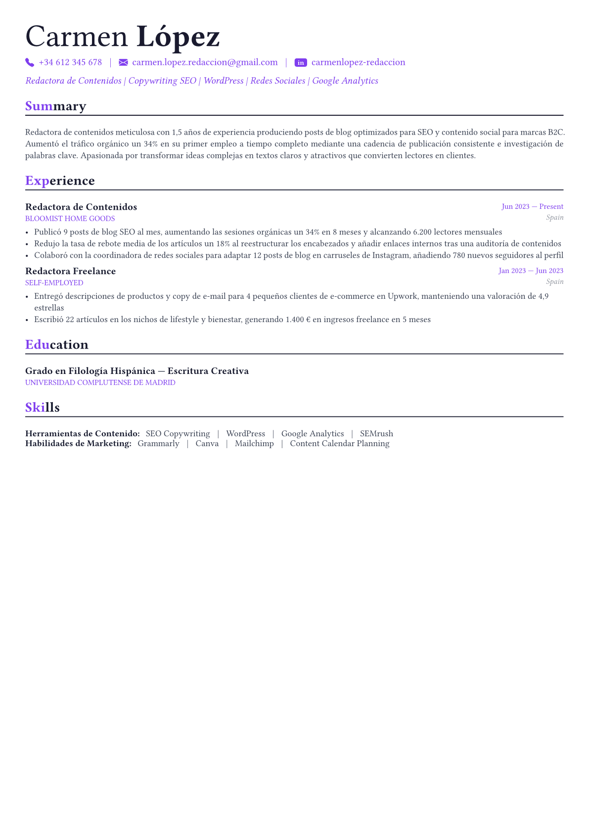 Content Manager ejemplo de CV