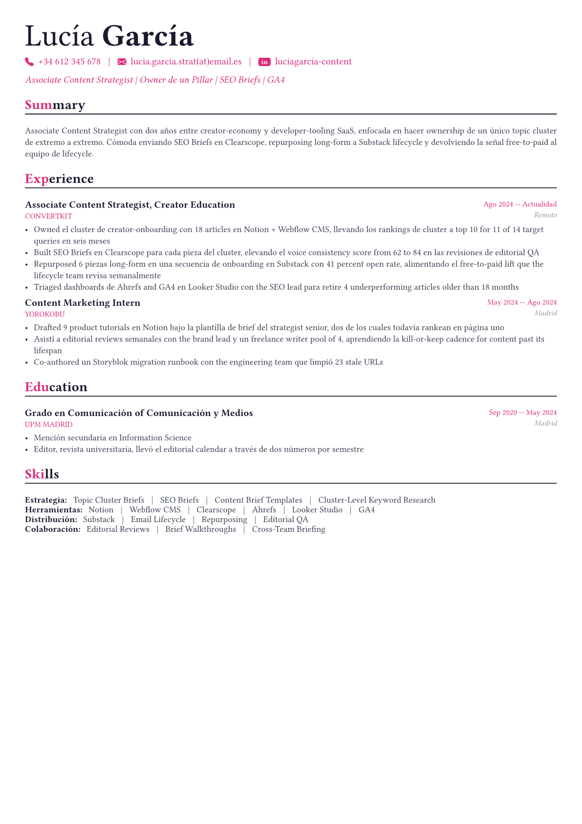 Content Strategist ejemplo de CV