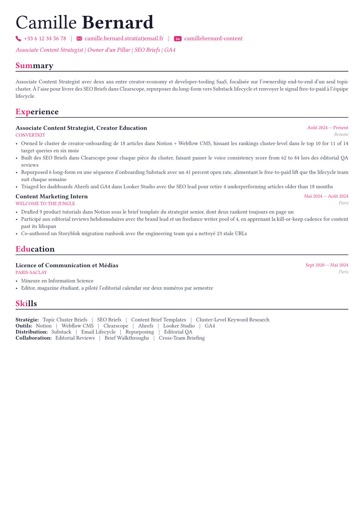 Content Strategist exemple de CV