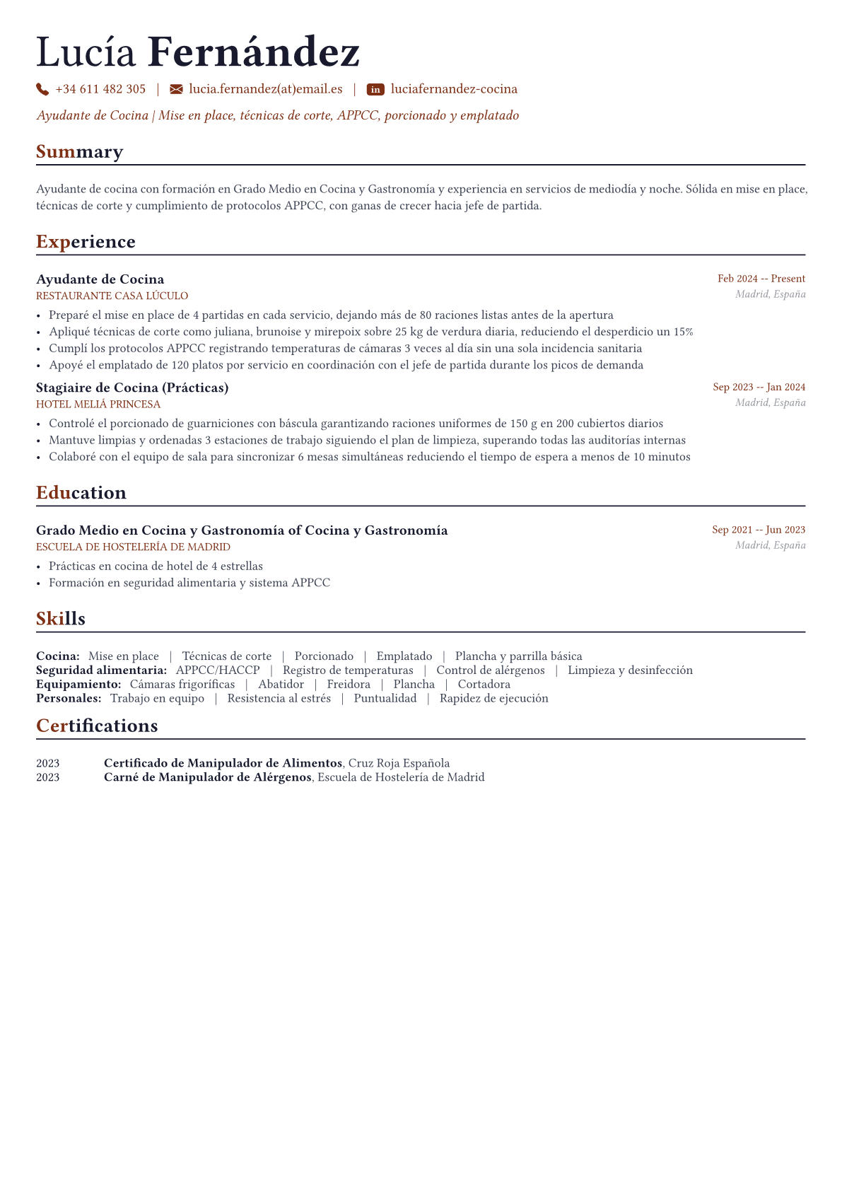 Cocinero ejemplo de CV