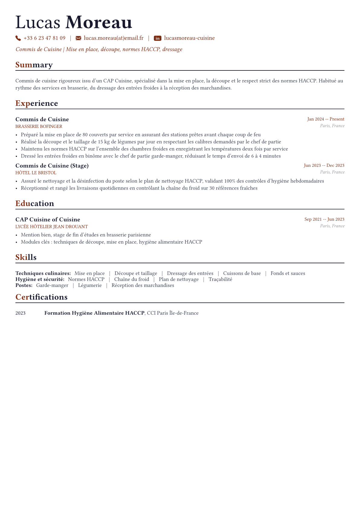 Cuisinier exemple de CV