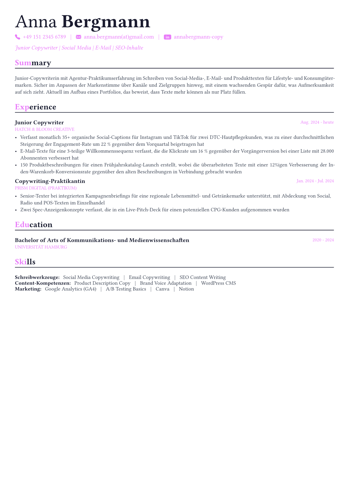 Copywriter Lebenslauf-Beispiel