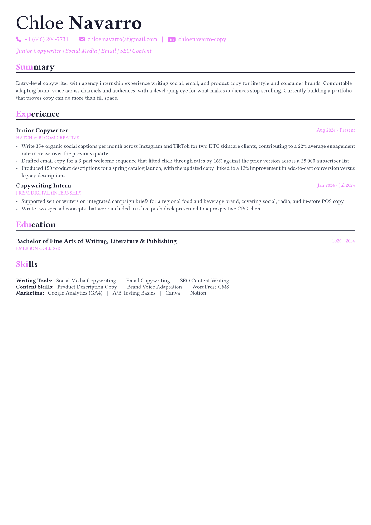 Copywriter resume example