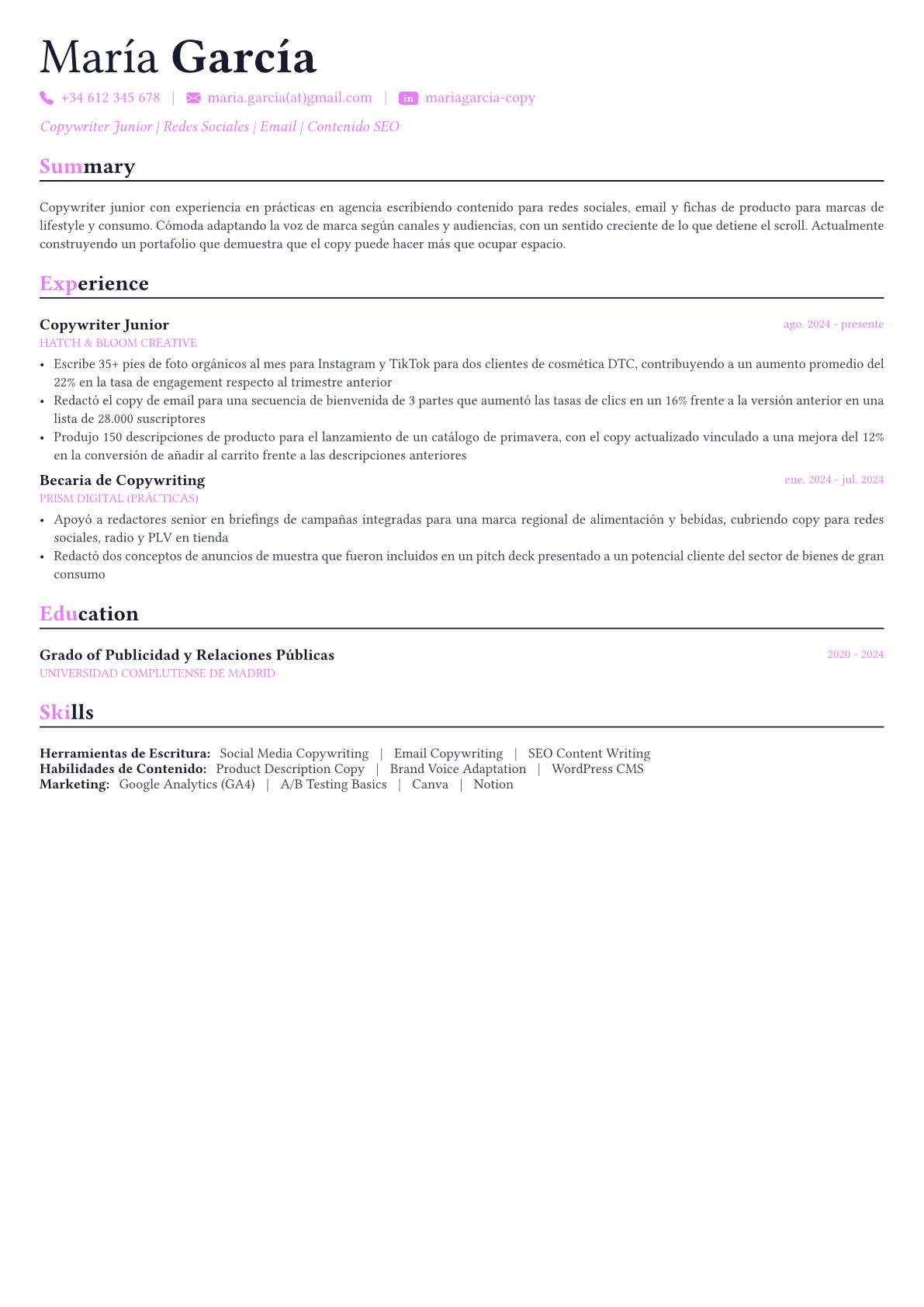 Copywriter ejemplo de CV