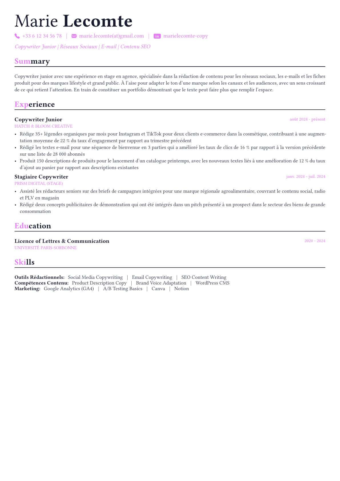 Copywriter exemple de CV