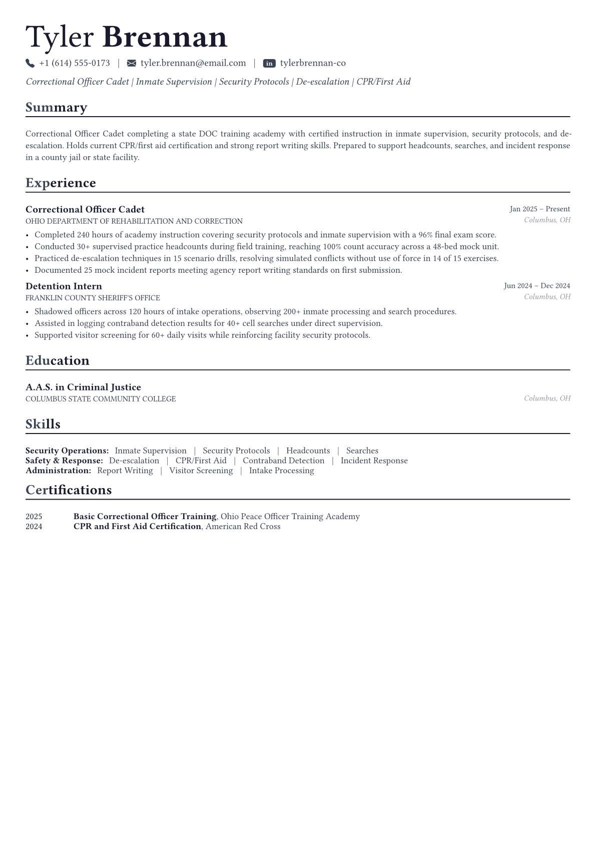 Correctional Officer resume example