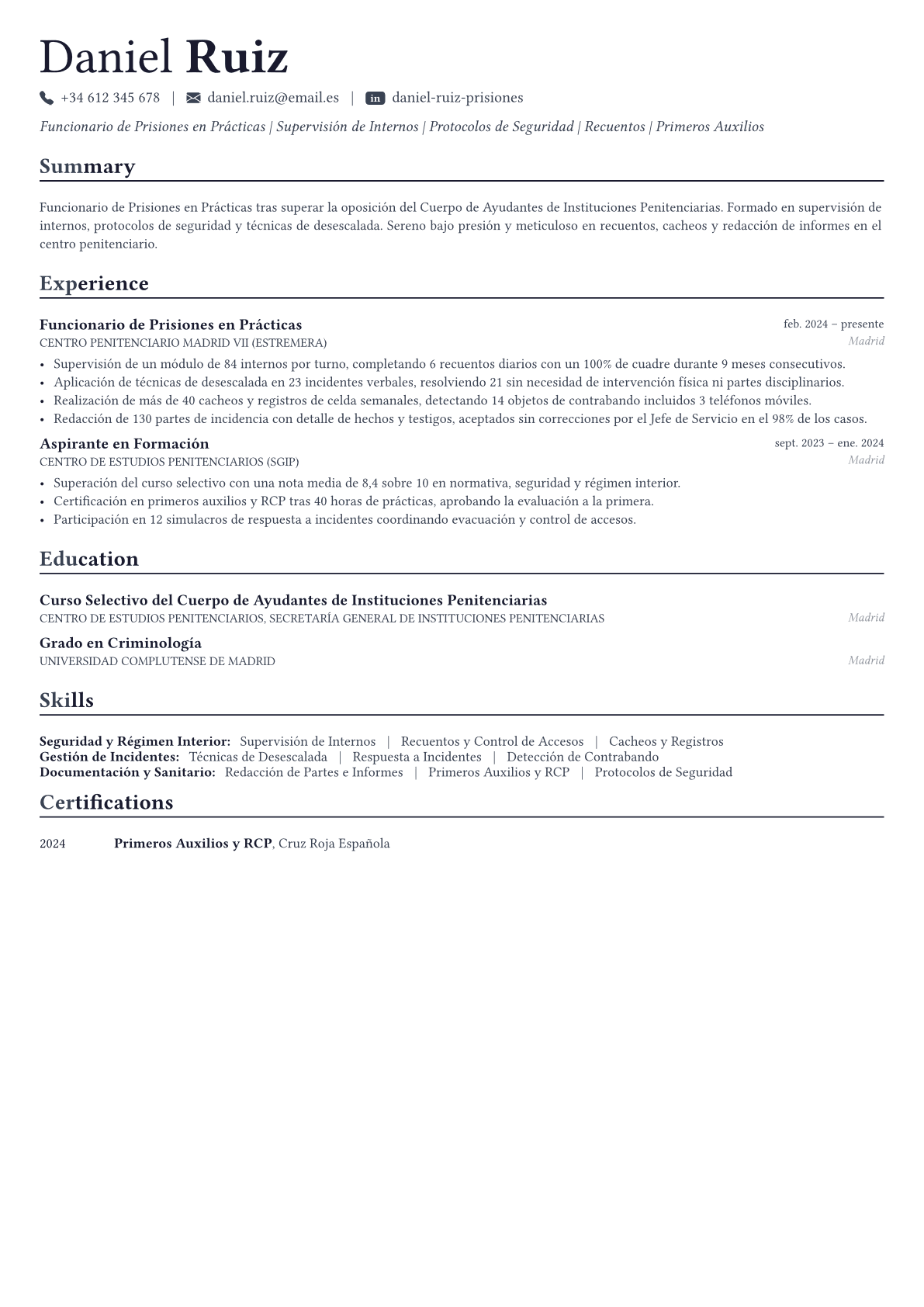 Funcionario de Prisiones ejemplo de CV