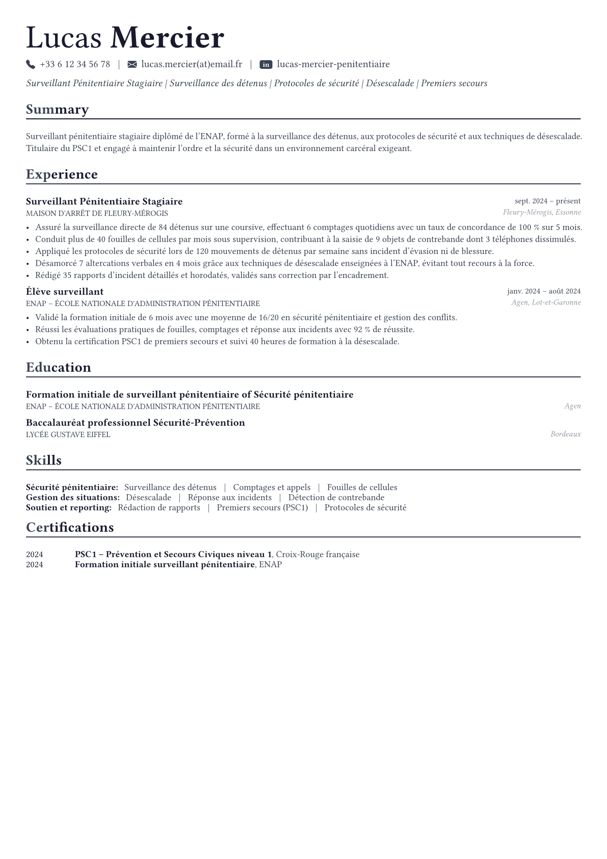 Surveillant Pénitentiaire exemple de CV