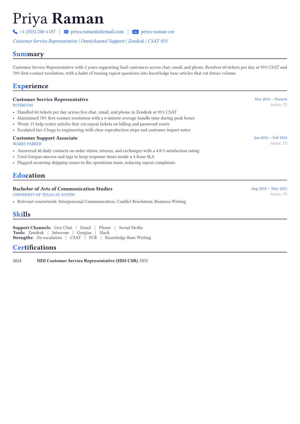 Customer Service Representative resume example