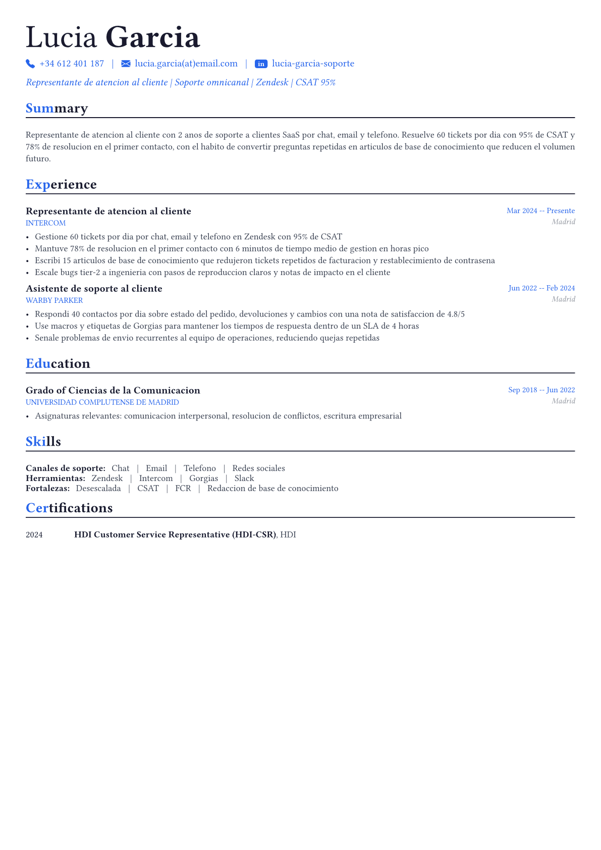 Customer Service Representative ejemplo de CV