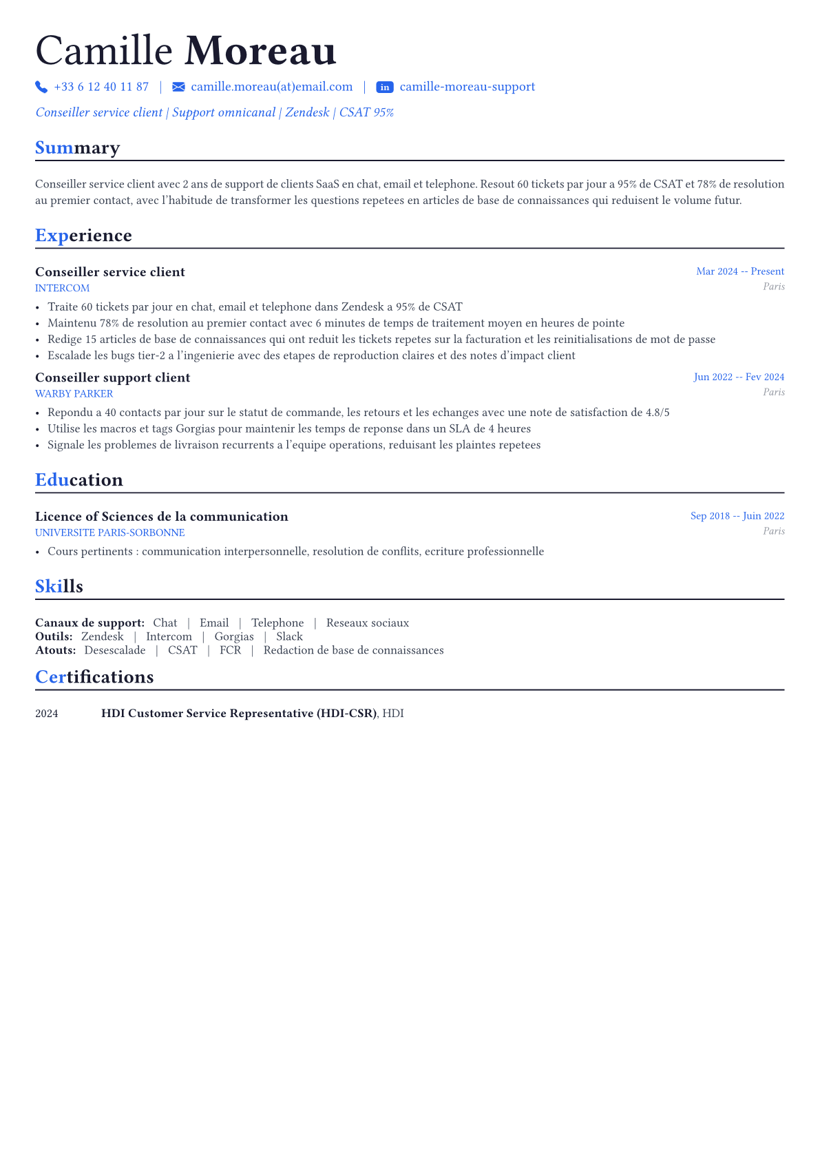 Customer Service Representative exemple de CV