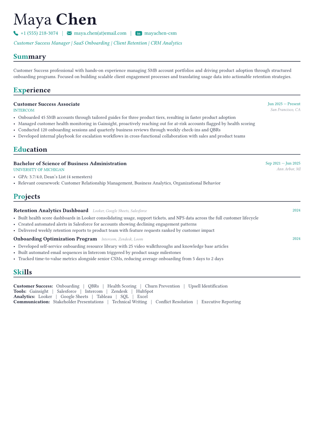 Customer Success Manager resume example