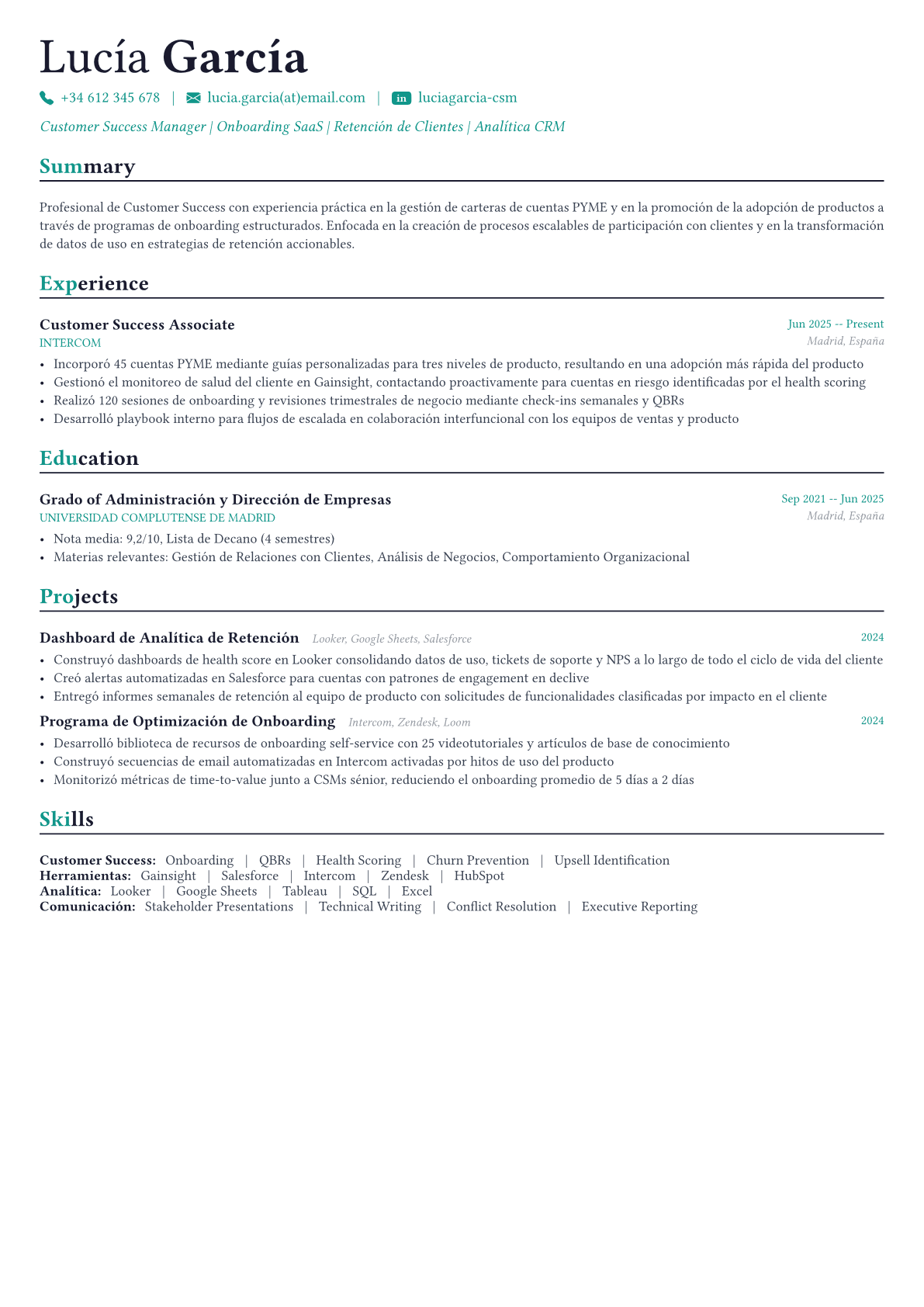Customer Success Manager ejemplo de CV
