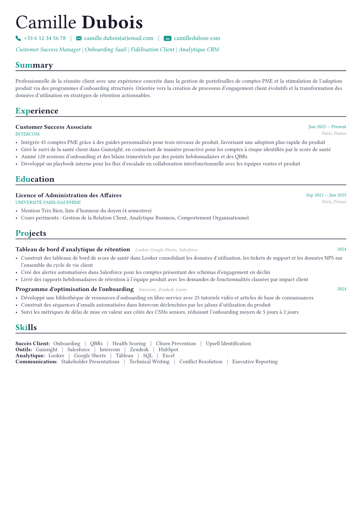 Customer Success Manager exemple de CV