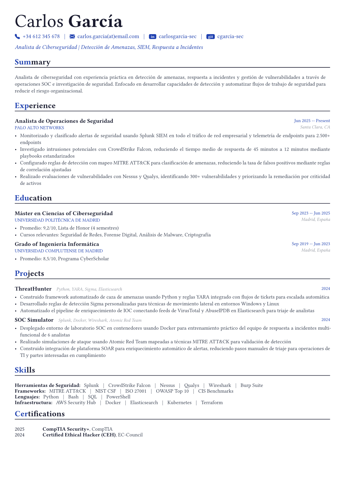 Cybersecurity Analyst ejemplo de CV