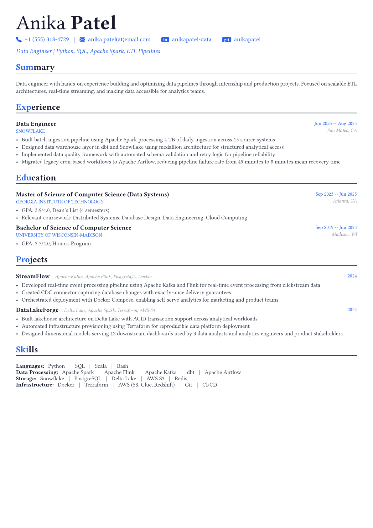 Data Engineer resume example