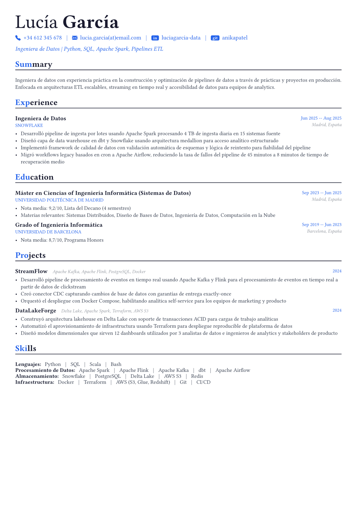 Data Engineer ejemplo de CV