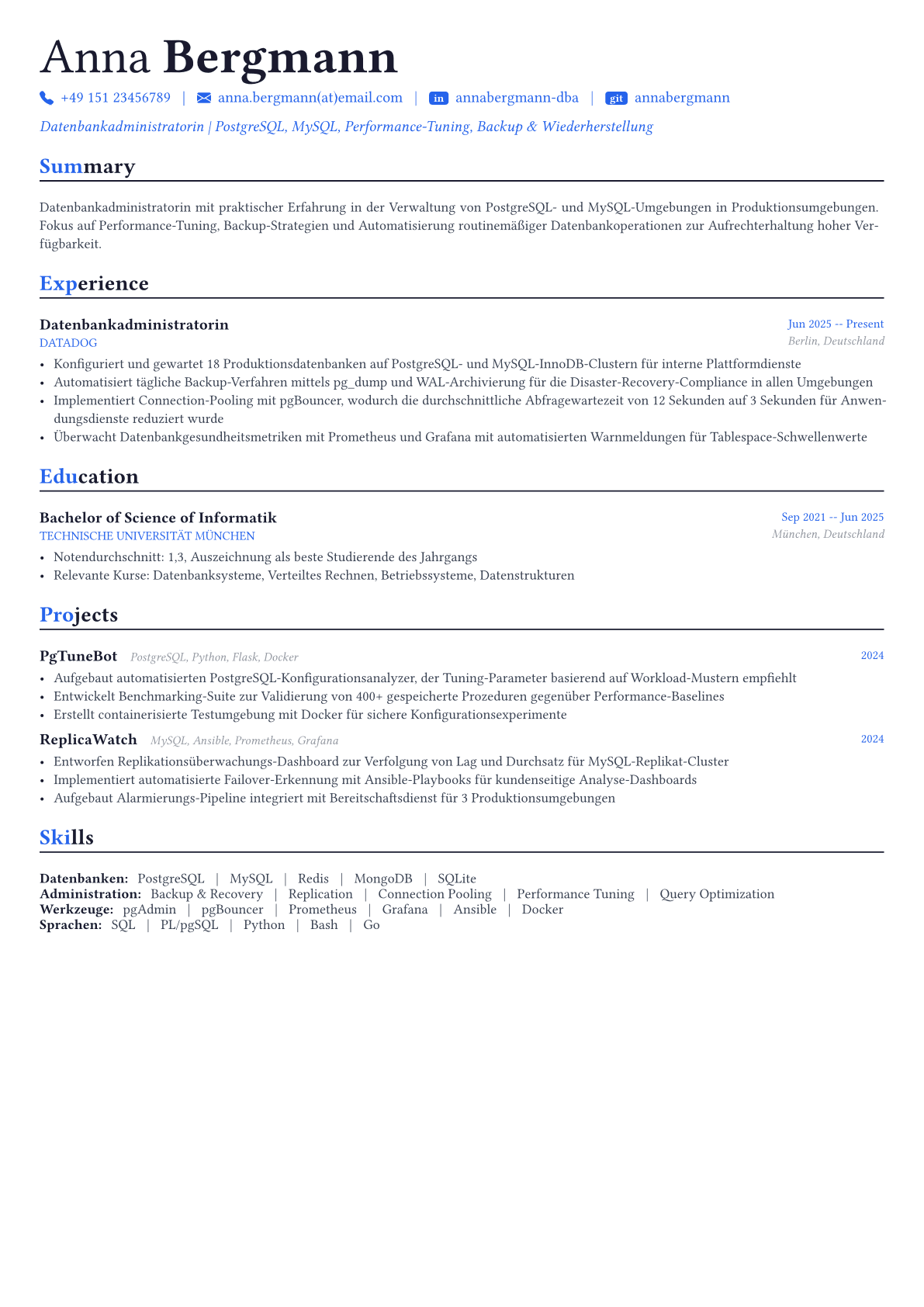 Database Administrator Lebenslauf-Beispiel