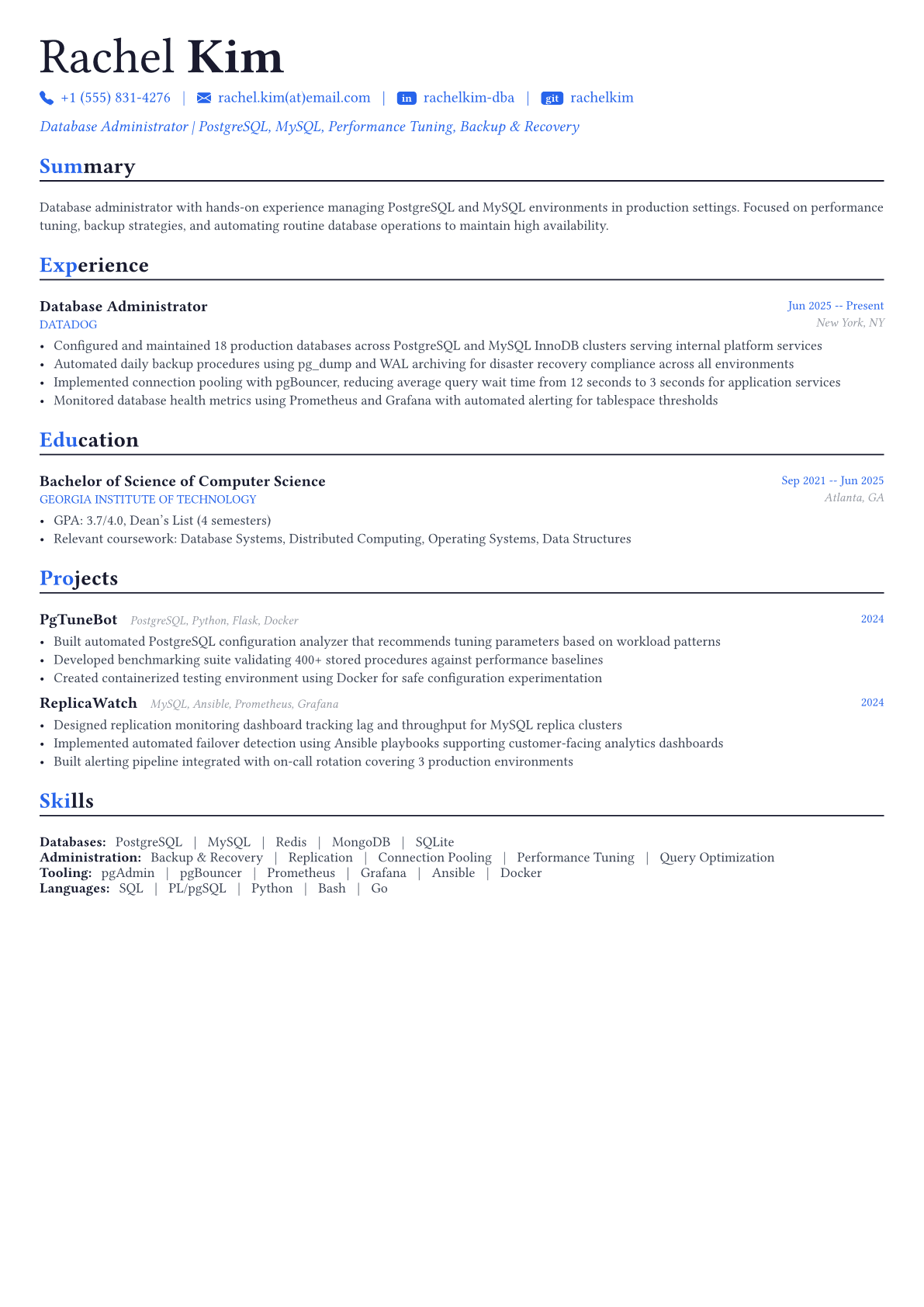 Database Administrator resume example