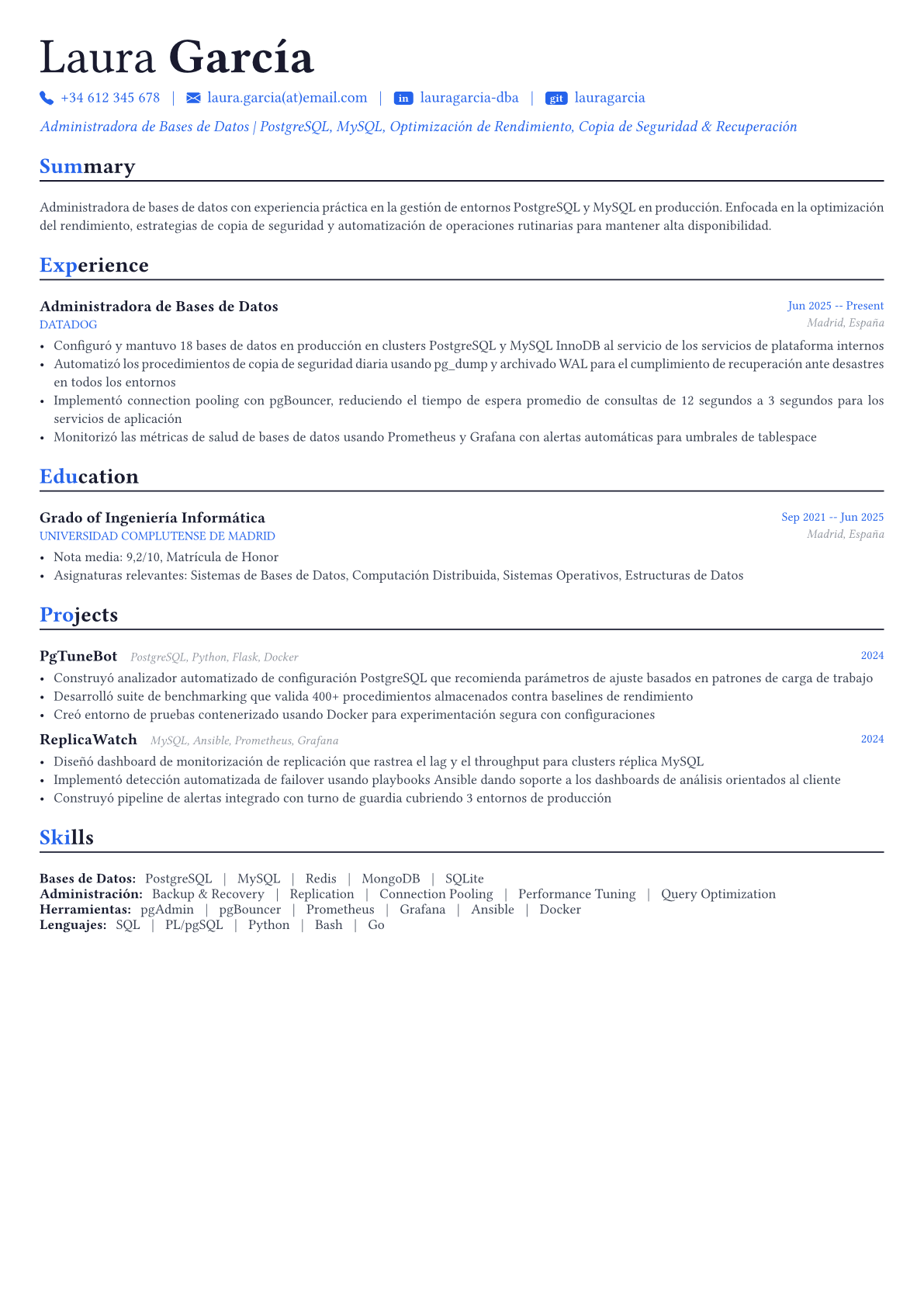 Database Administrator ejemplo de CV