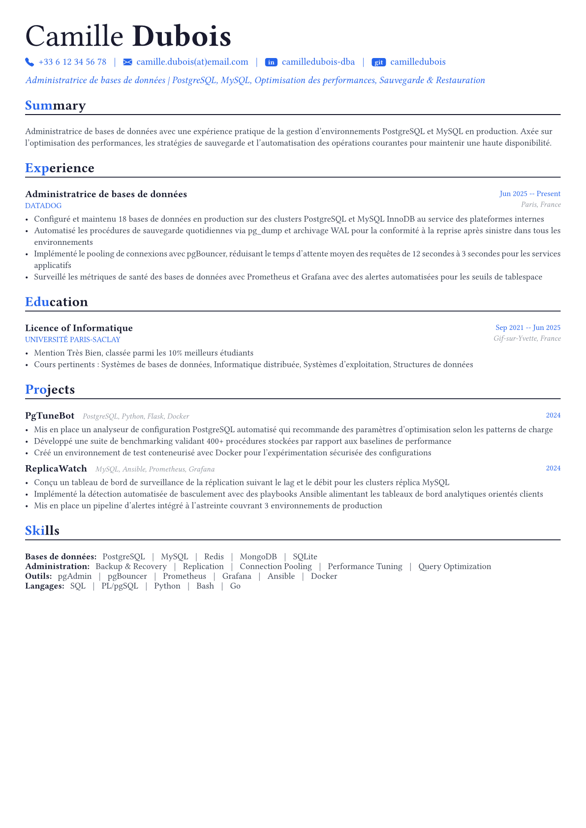 Database Administrator exemple de CV