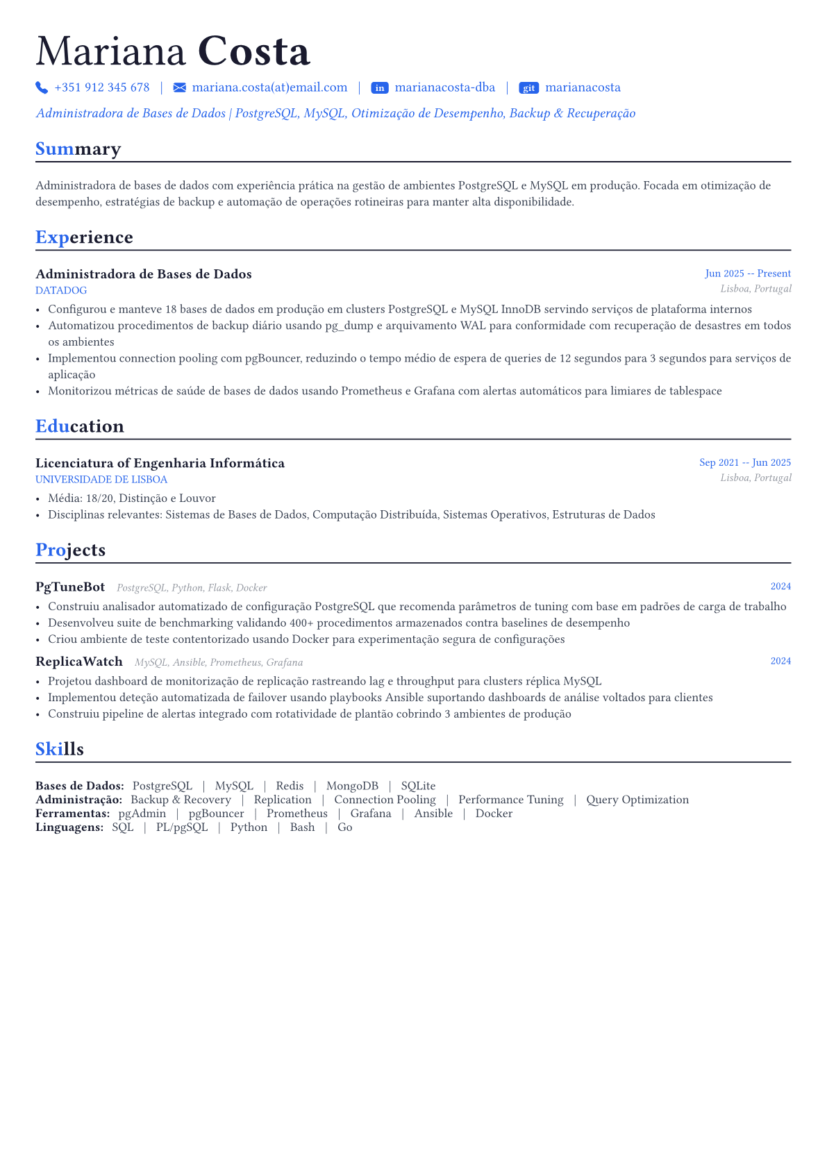 Database Administrator exemplo de currículo