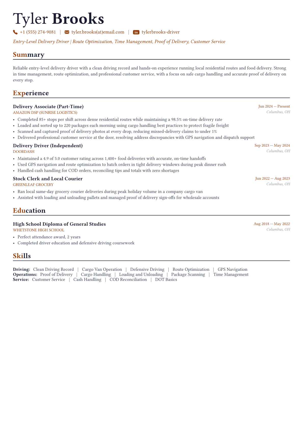Delivery Driver resume example