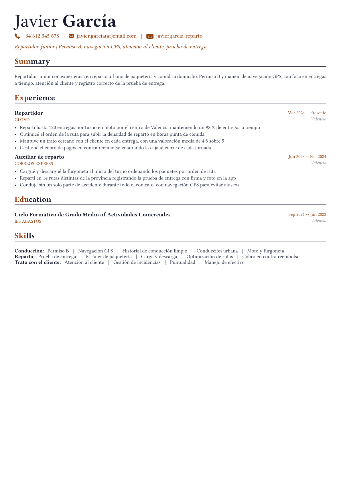 Repartidor ejemplo de CV
