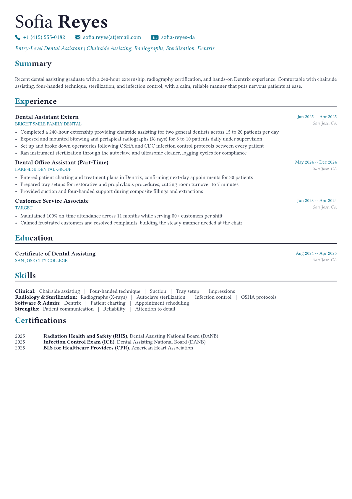 Dental Assistant resume example