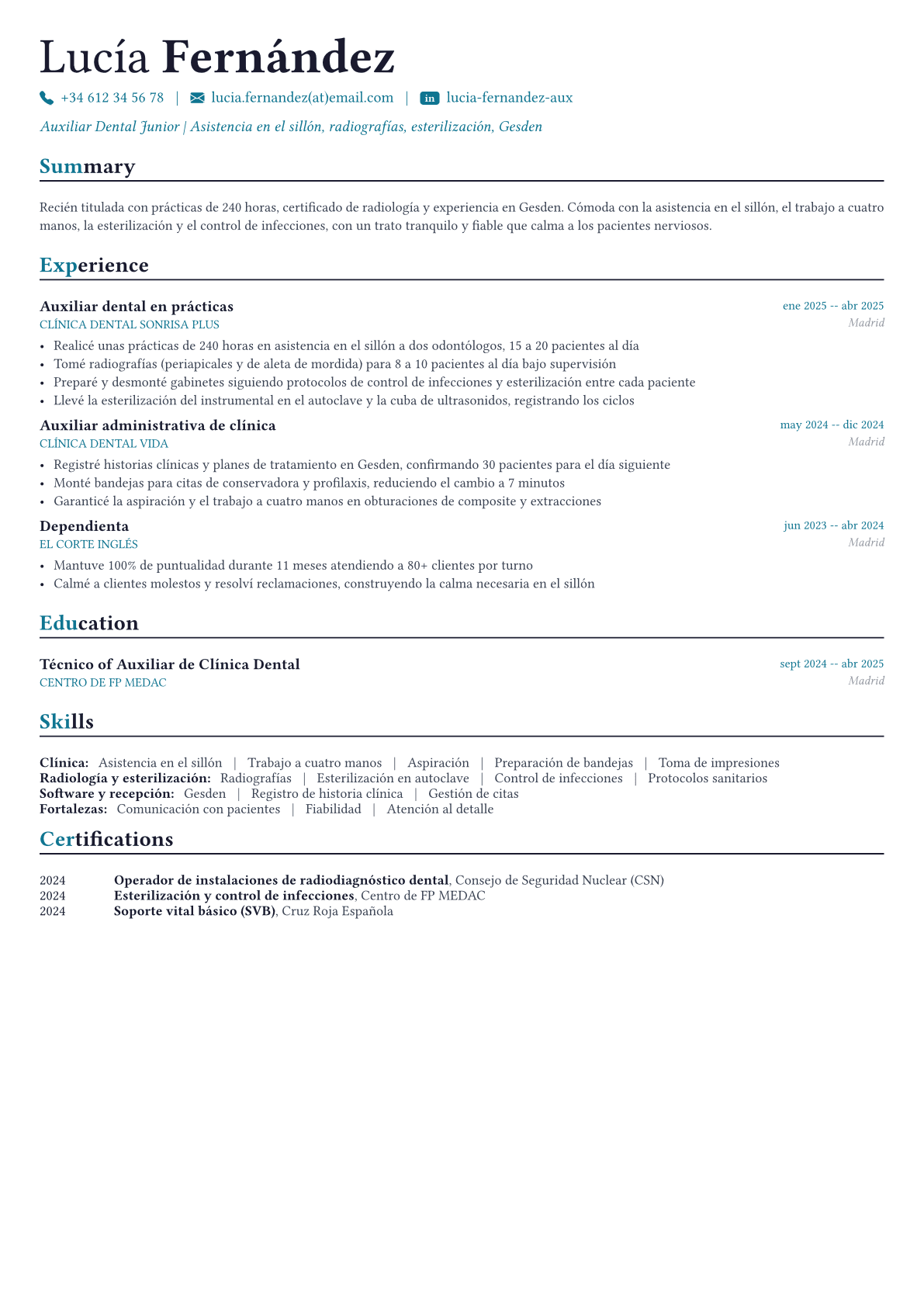 Auxiliar Dental ejemplo de CV