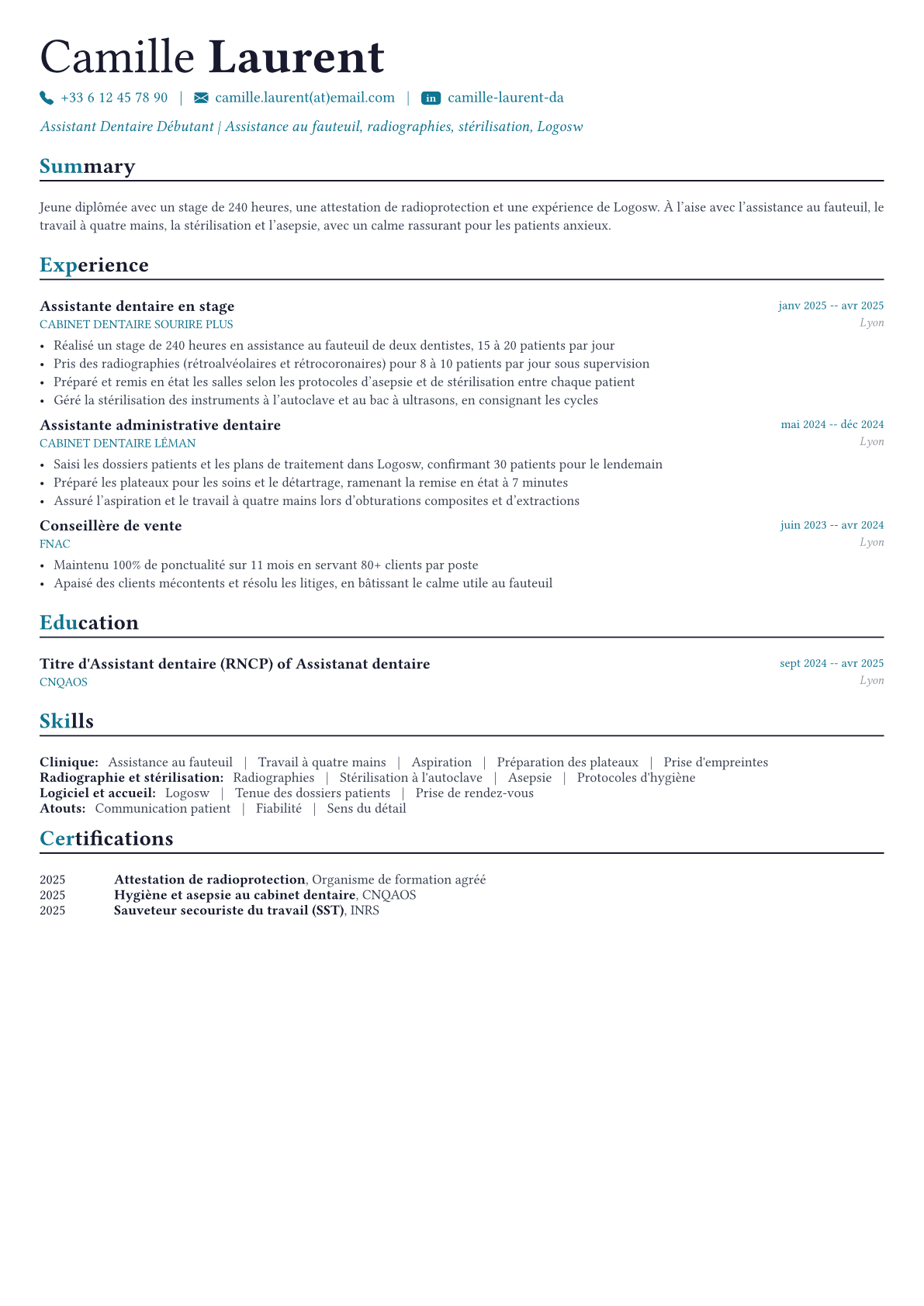 Assistant Dentaire exemple de CV