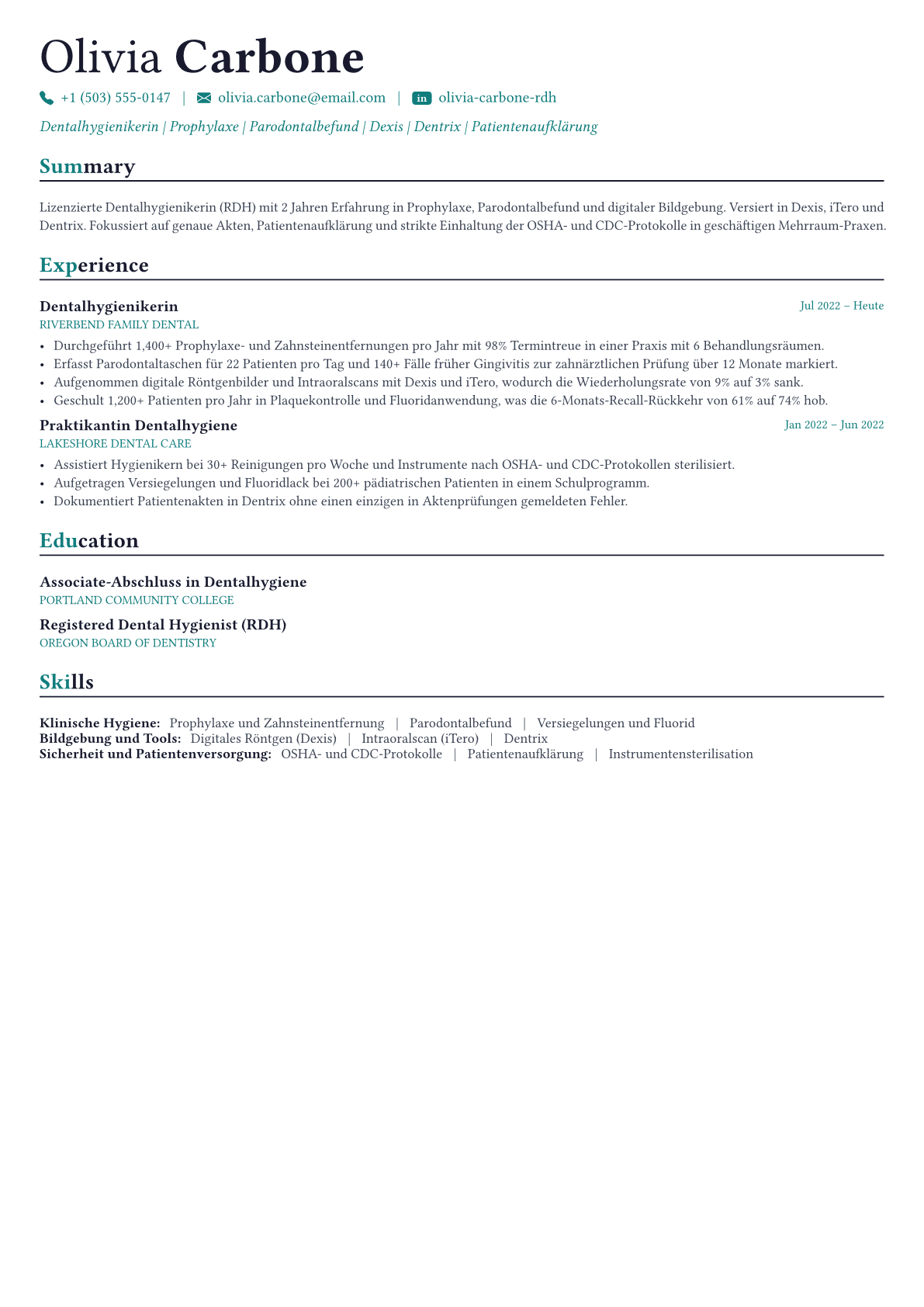 Dental Hygienist Lebenslauf-Beispiel