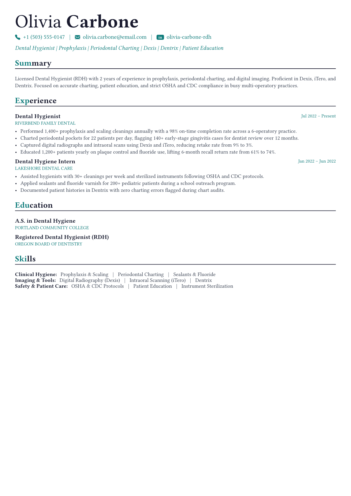 Dental Hygienist resume example