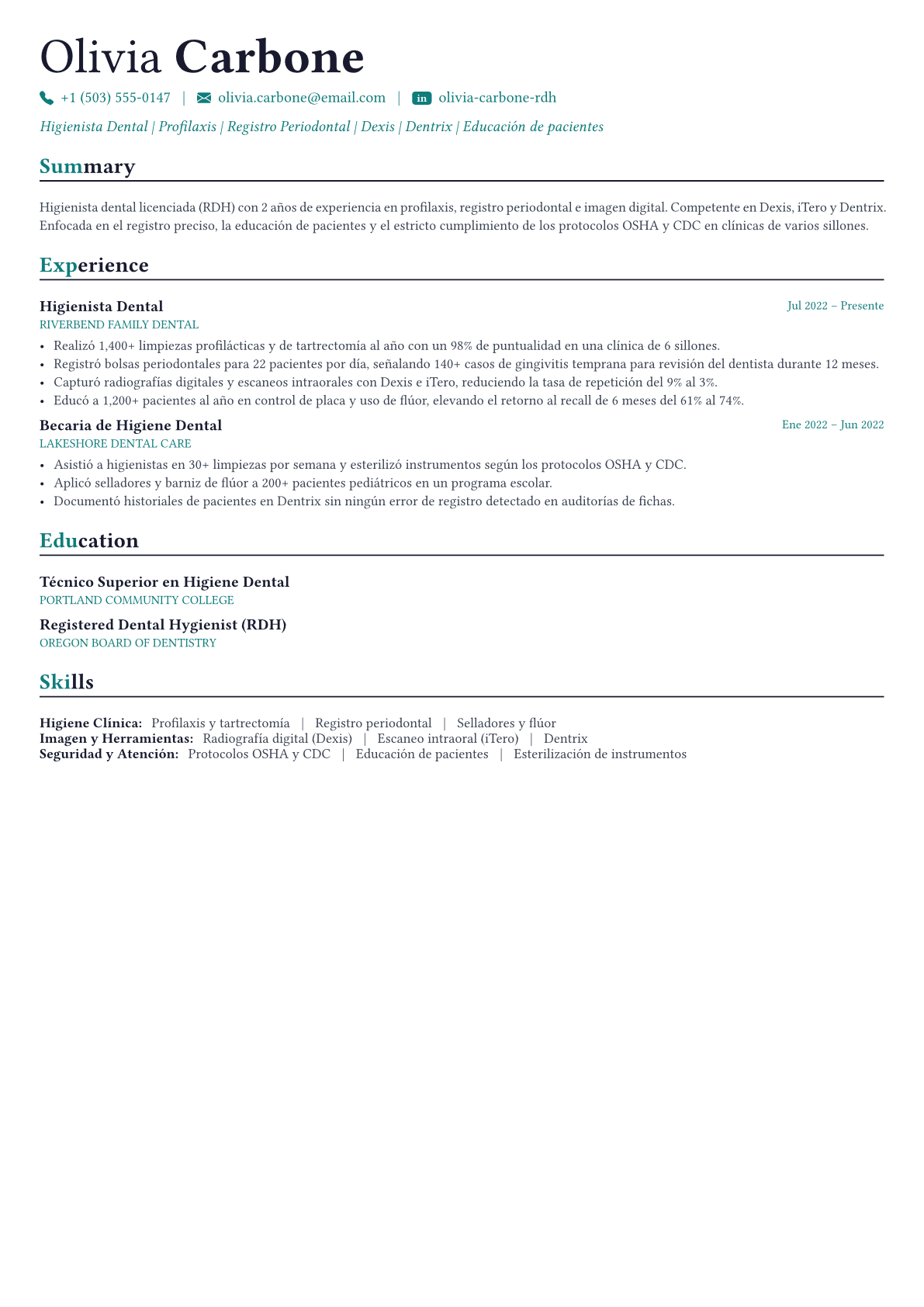 Dental Hygienist ejemplo de CV