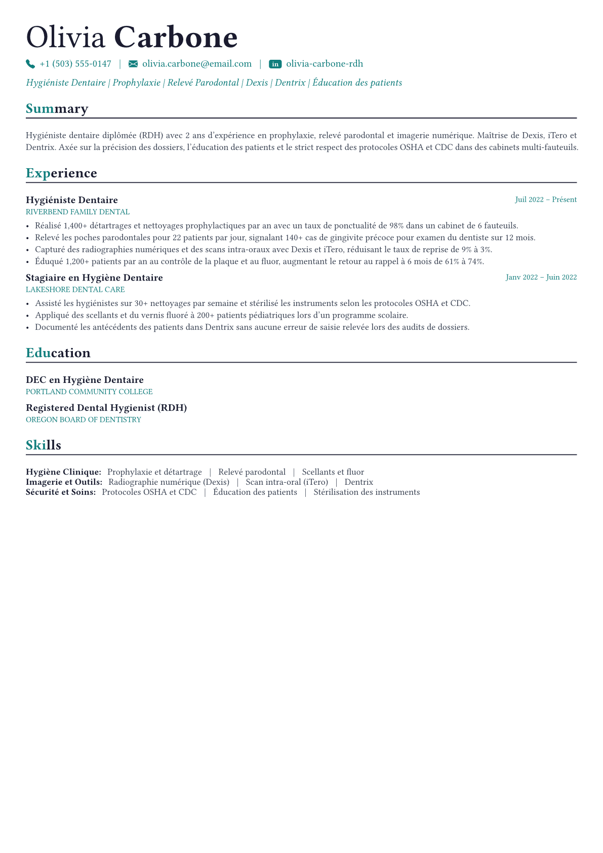 Dental Hygienist exemple de CV