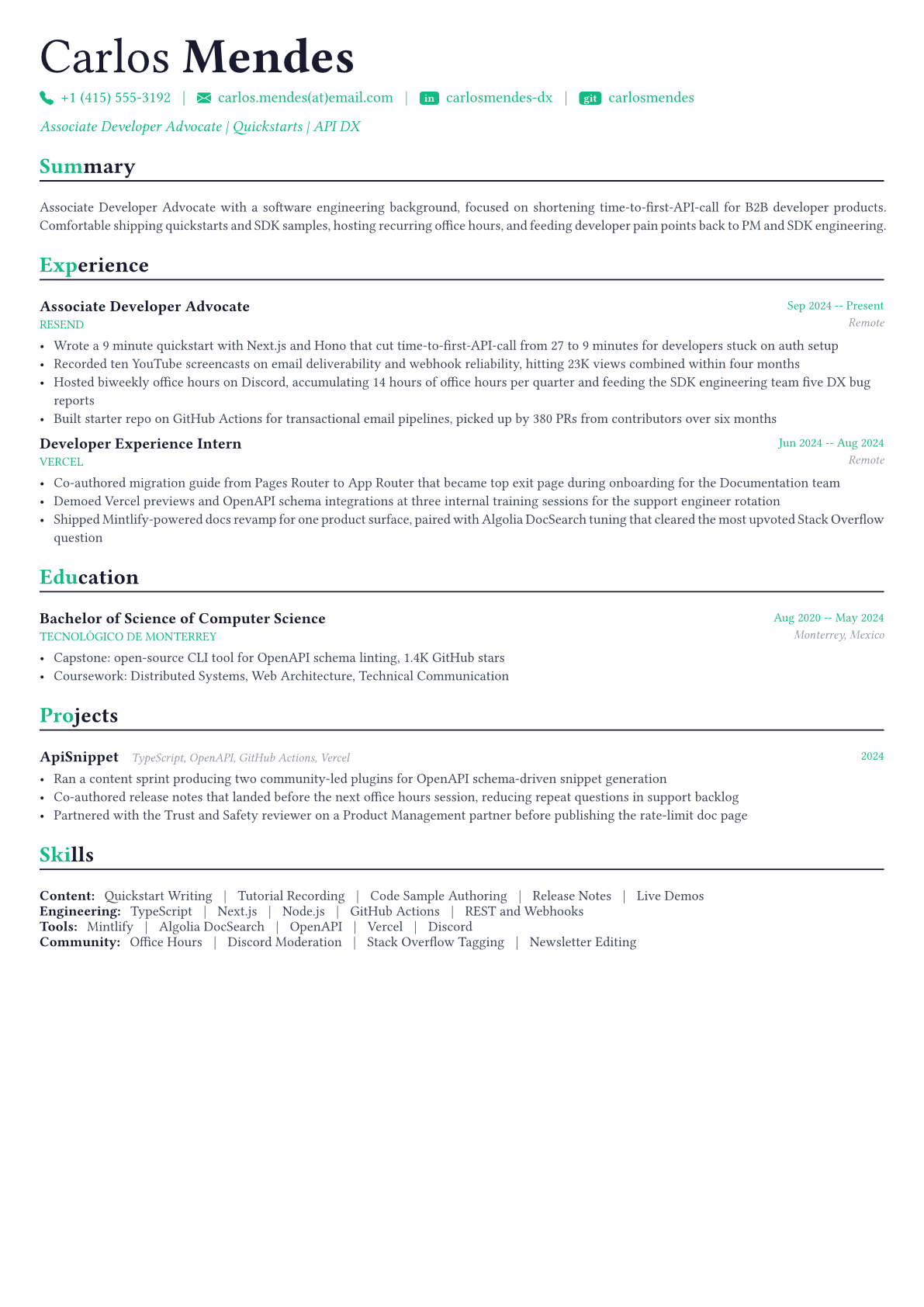 Developer Relations Engineer resume example
