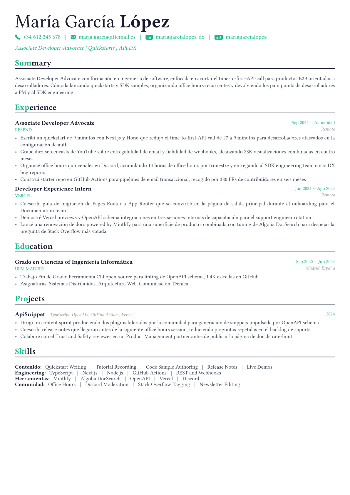 Developer Relations Engineer ejemplo de CV