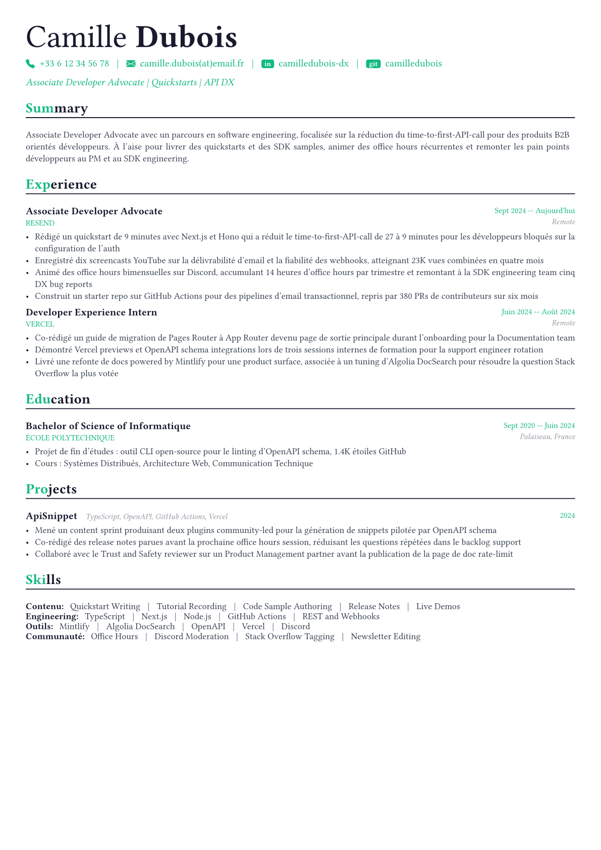 Developer Relations Engineer exemple de CV