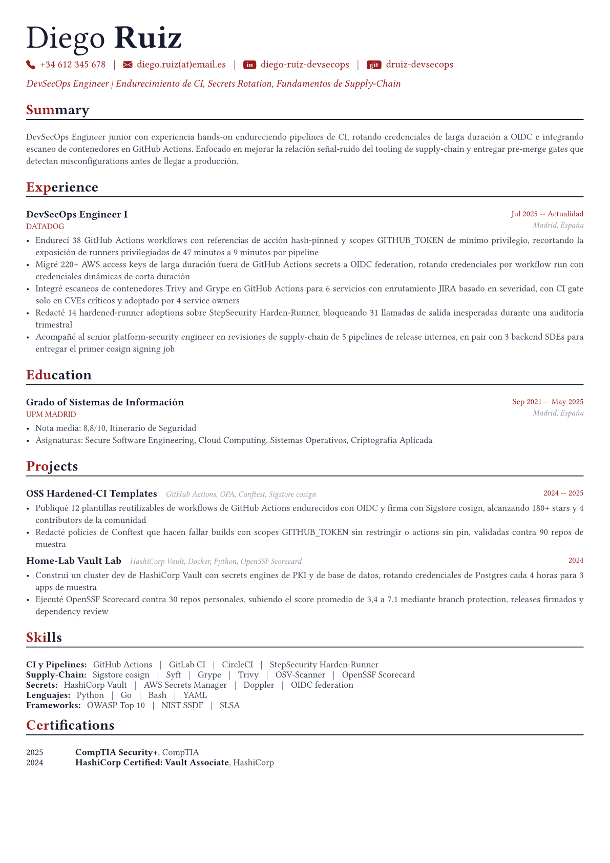 DevSecOps Engineer ejemplo de CV