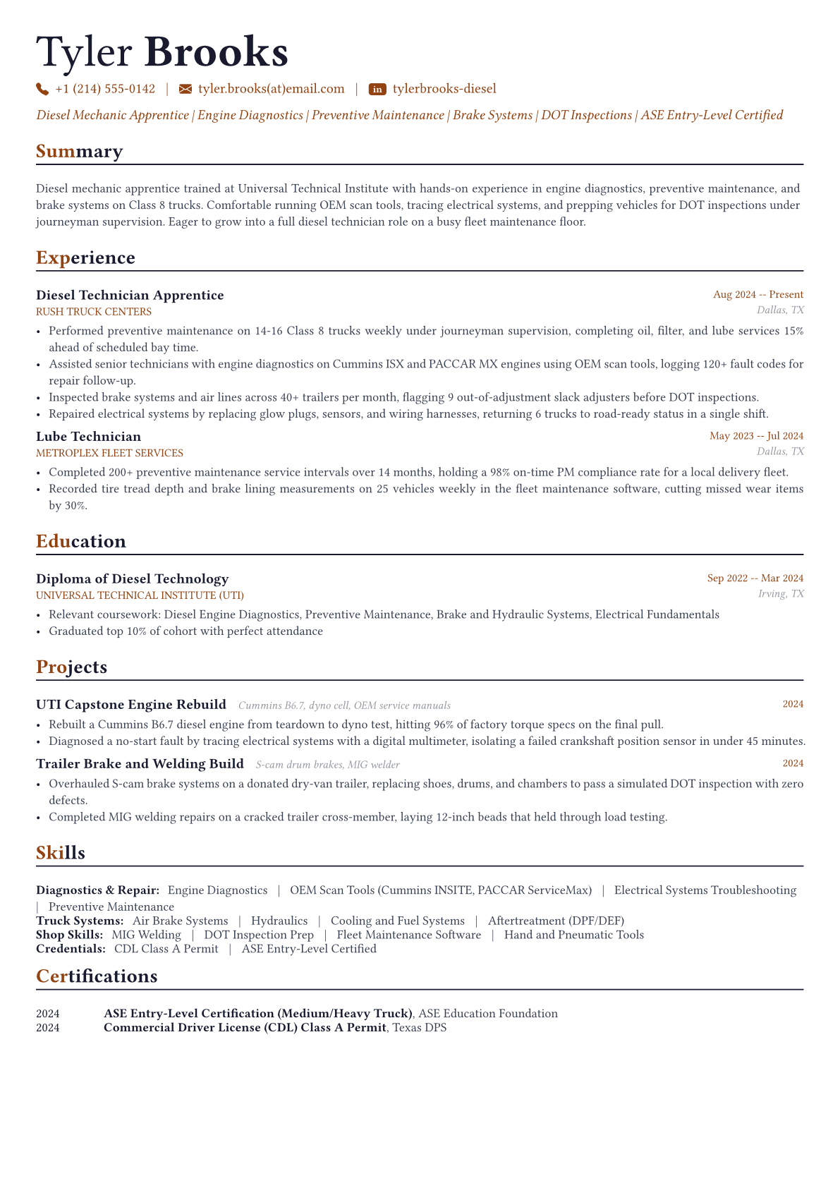 Diesel Mechanic resume example