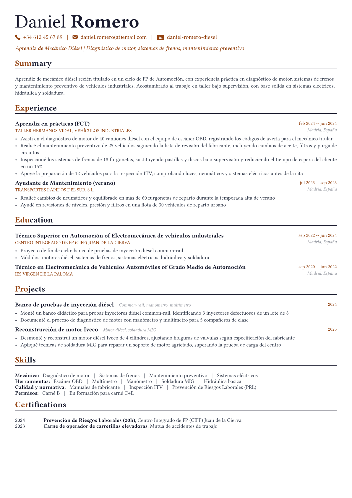 Mecánico Diésel ejemplo de CV