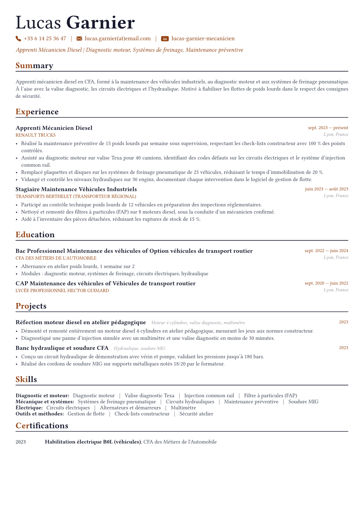 Mécanicien Poids Lourd exemple de CV
