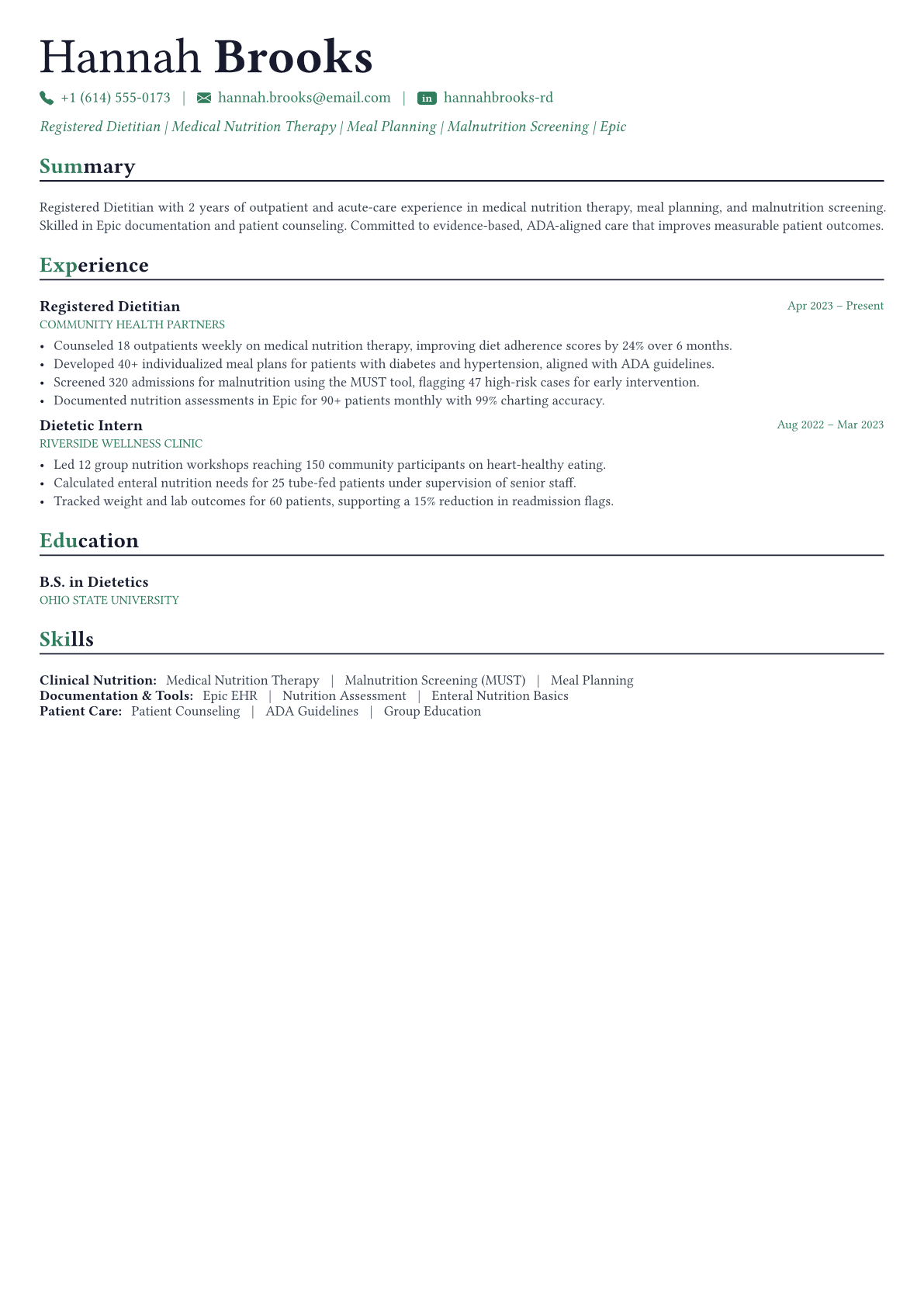 Dietitian resume example