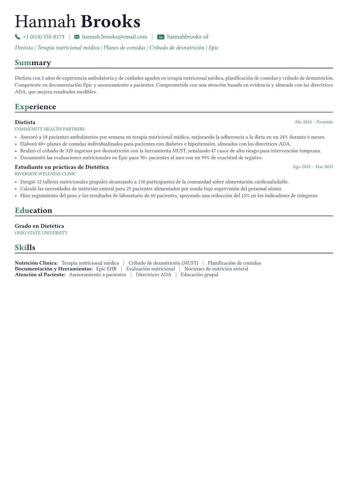 Dietitian ejemplo de CV