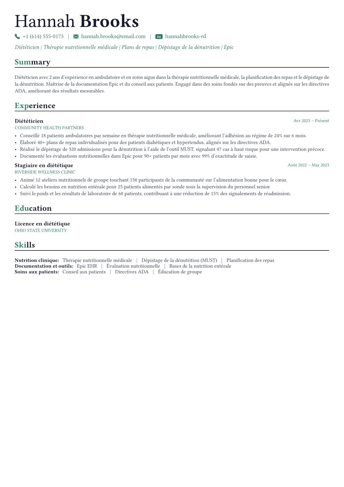 Dietitian exemple de CV